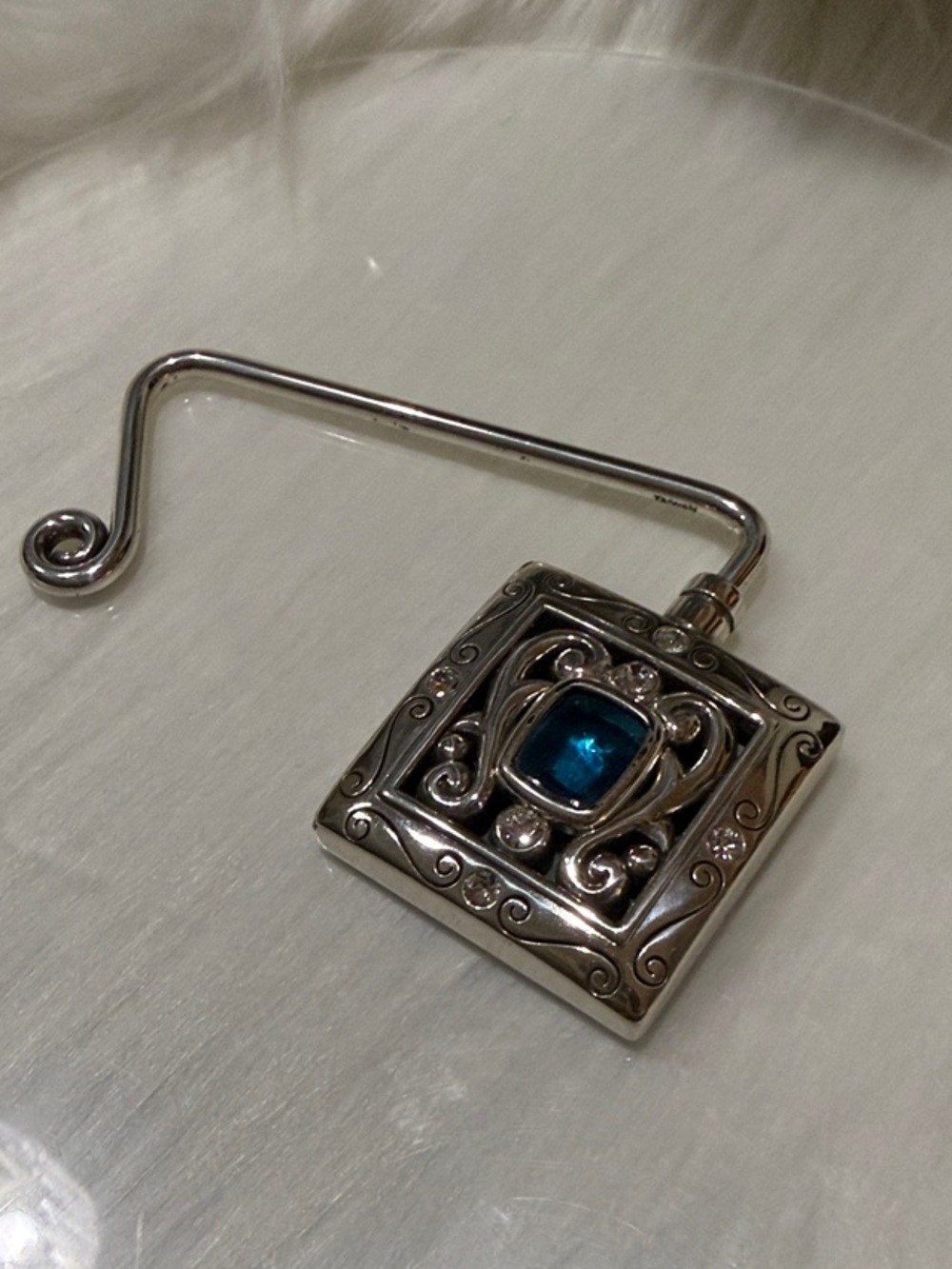 Brighton Silver Tone Bag Hanger with Blue Glass Accent